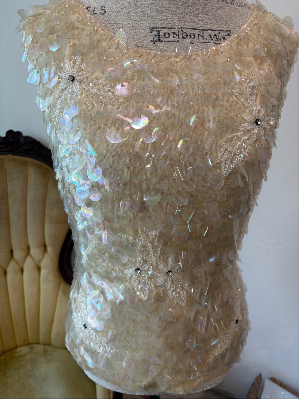 Champs Iridescent Sequin Strapless Cream Evening Top